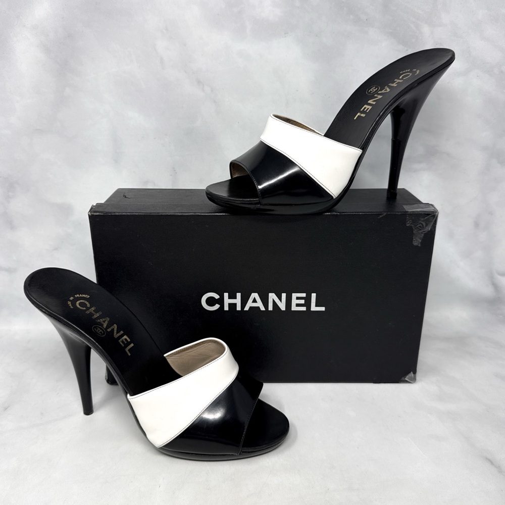 CHANEL Vintage Y2K Leather Open Toe Platform Slide Mule Sandal Heels Retro 90s - Picture 2 of 16